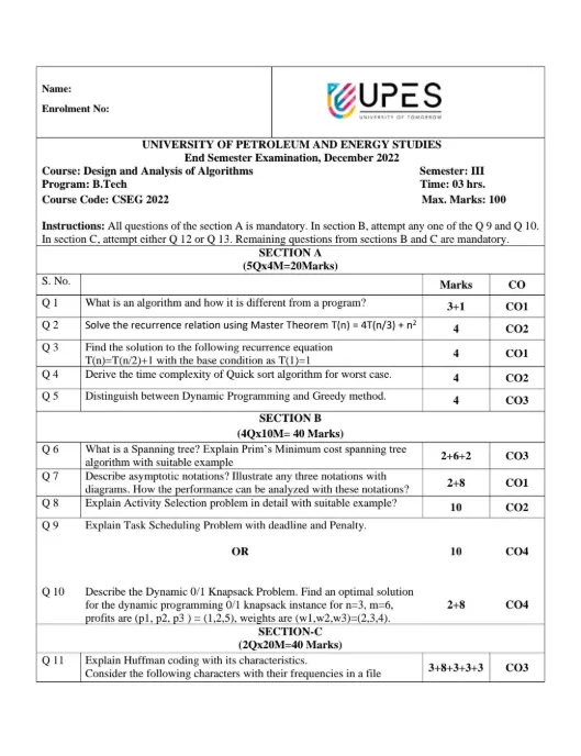 End-Sem 2022(Dec)[CSE], Design & Analysis of Algorithms