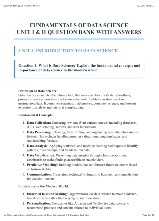 Question Bank, Fundamentals of Data Science