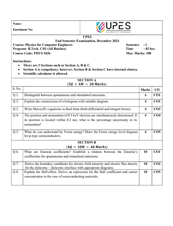 End-Sem 2024(Dec)[CSE], Physics