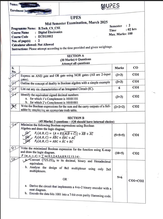 Mid-Sem 2025(March)[CSE], Digital Electronics