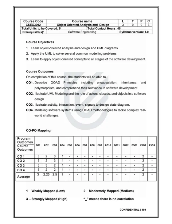 Course Content, Object Oriented Analysis and Design